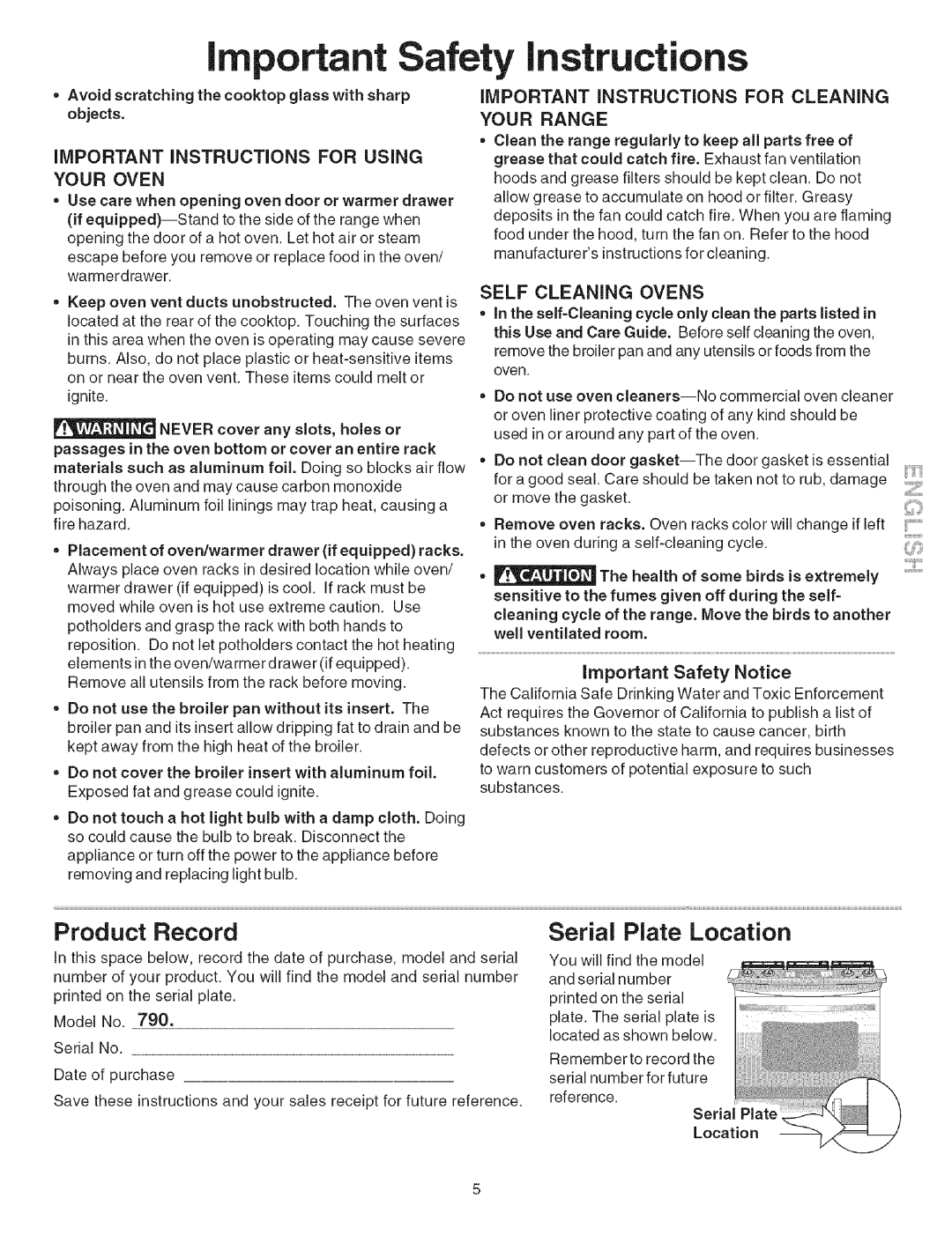 Kenmore 790.3671 manual Product Record, Serial Plate Location, Your Oven, Important Instructions for Cleaning Your Range 