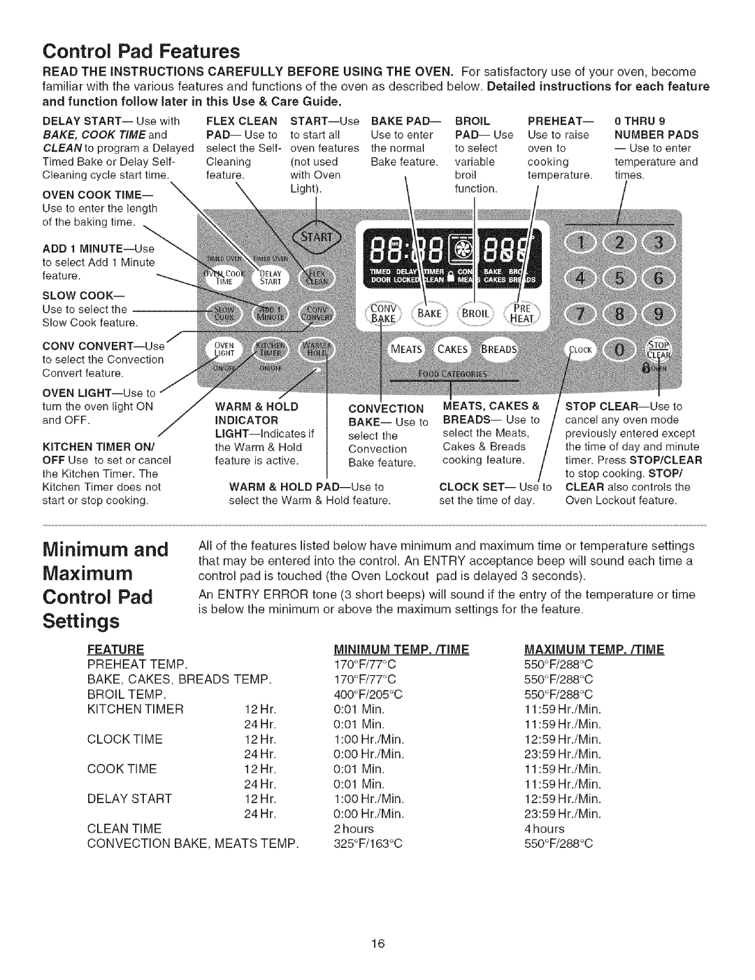 Kenmore 790.3671 manual Control Pad Features, Maximum, Control Pad Settings, Minimum and 