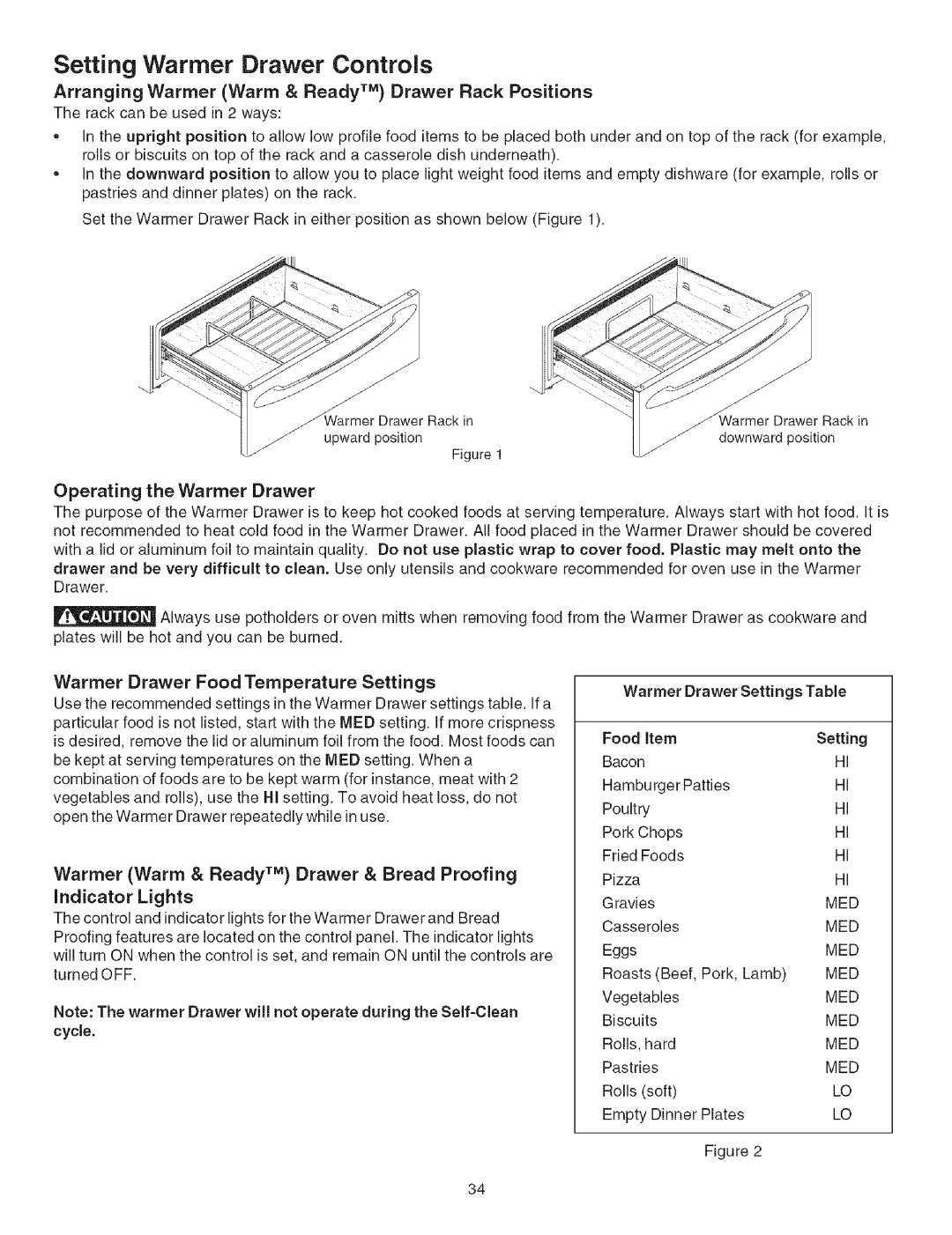 Kenmore 790.3671 manual Setting Warmer Drawer Controls, Warmer Drawer Food Temperature Settings, Indicator Lights 