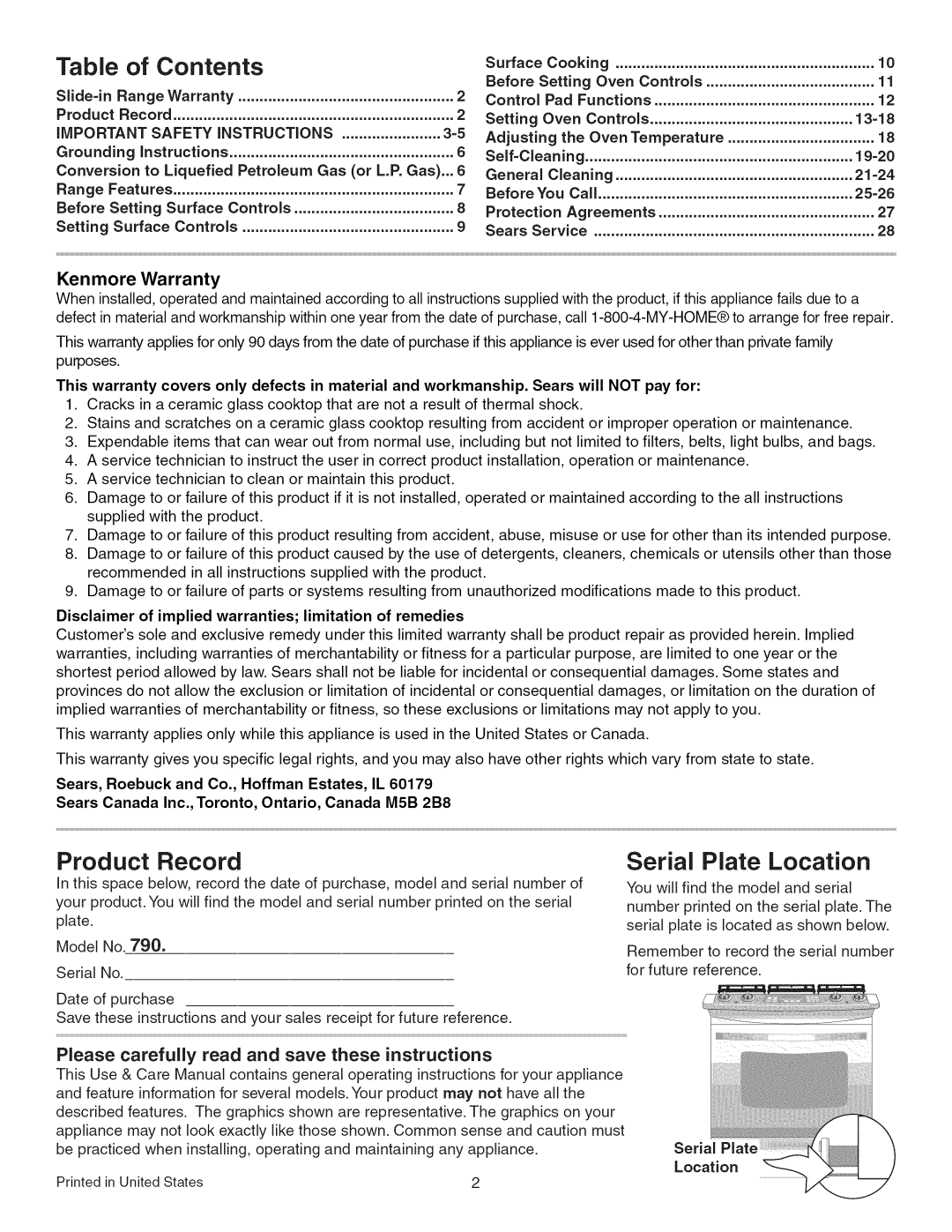 Kenmore 790.3693 manual Table of Contents, Product Record, Serial Plate Location 