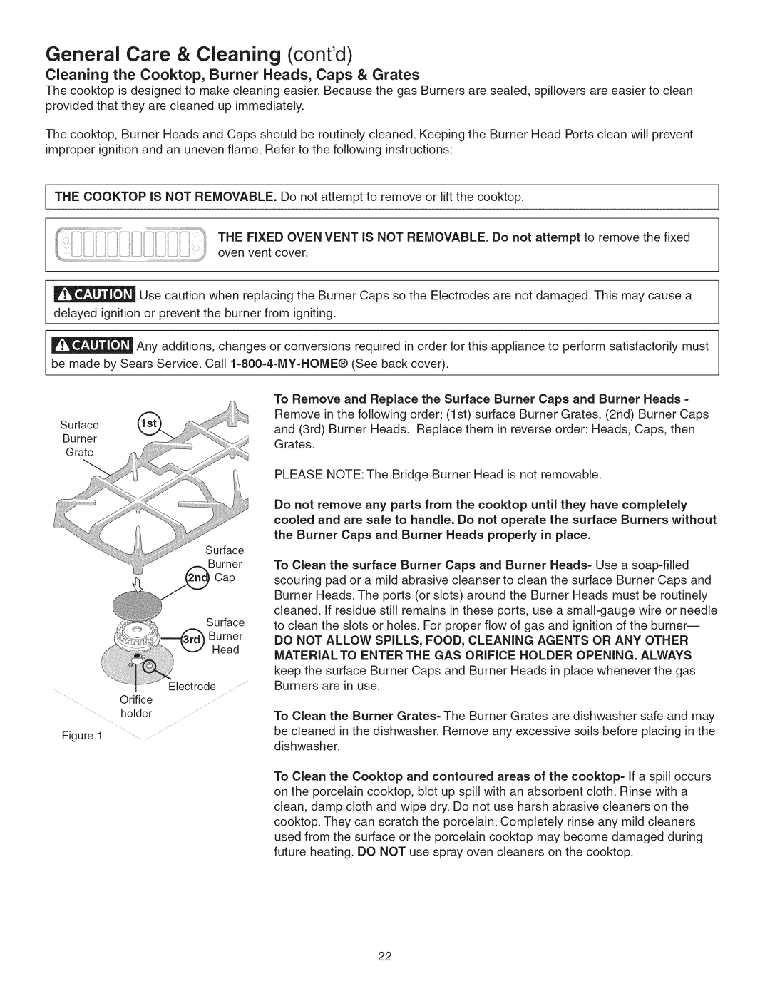 Kenmore 790.3693 manual General Care & Cleaning contd, Cleaning the Cooktop, Burner Heads, Caps & Grates 