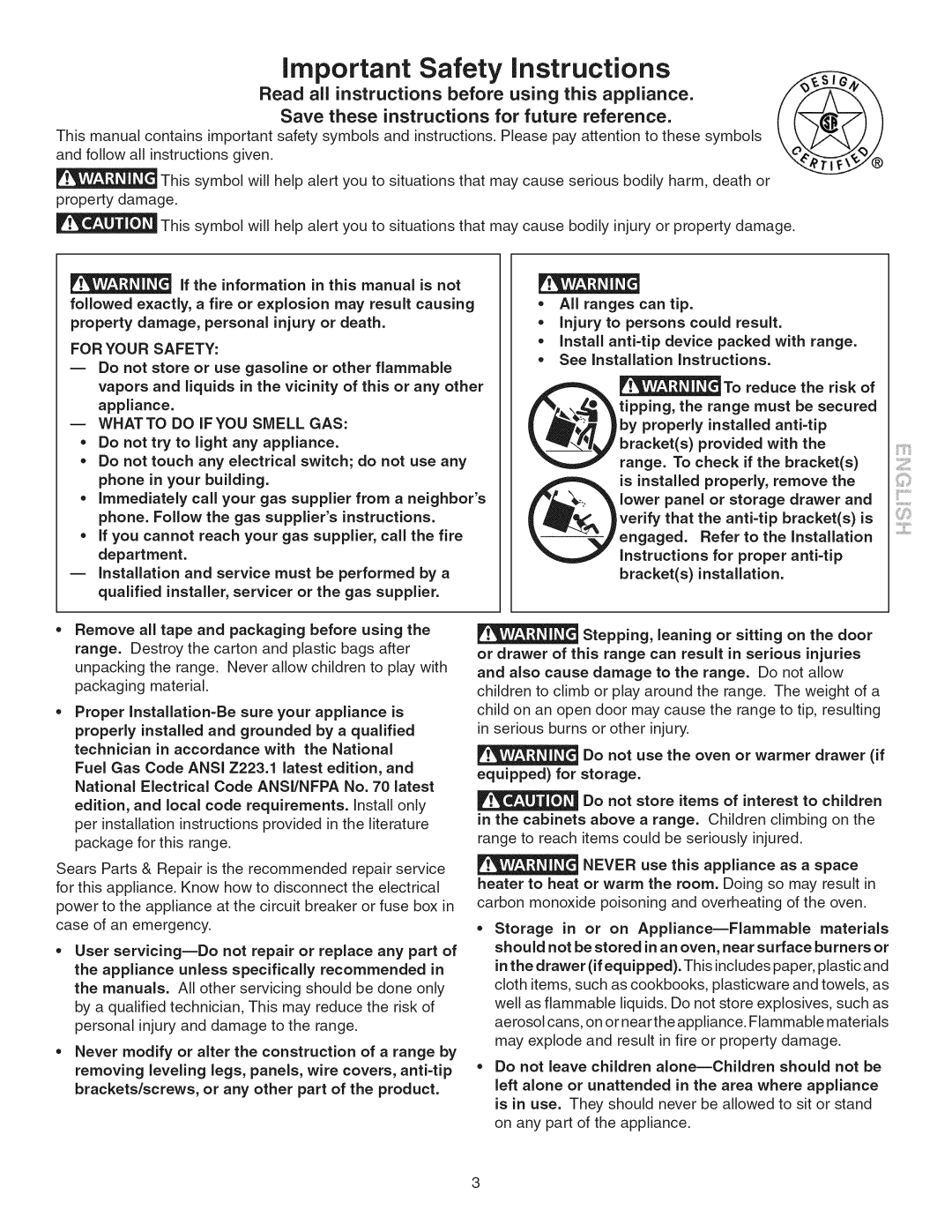 Kenmore 790.3693 manual Important Safety instructions, See installation instructions 