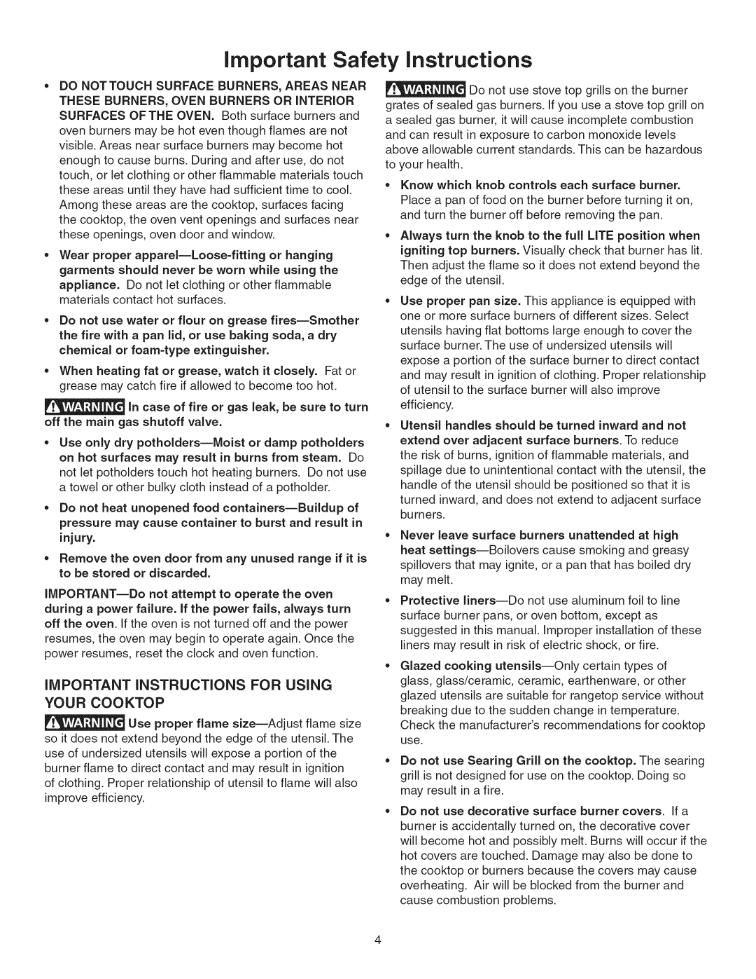 Kenmore 790.3693 manual Important Instructions for Using Your Cooktop 