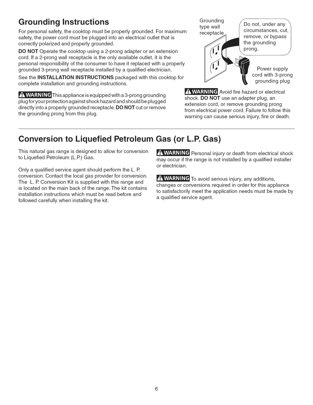 Kenmore 790.3693 manual Grounding Instructions, Conversion to Liquefied Petroleum Gas or L.P. Gas 