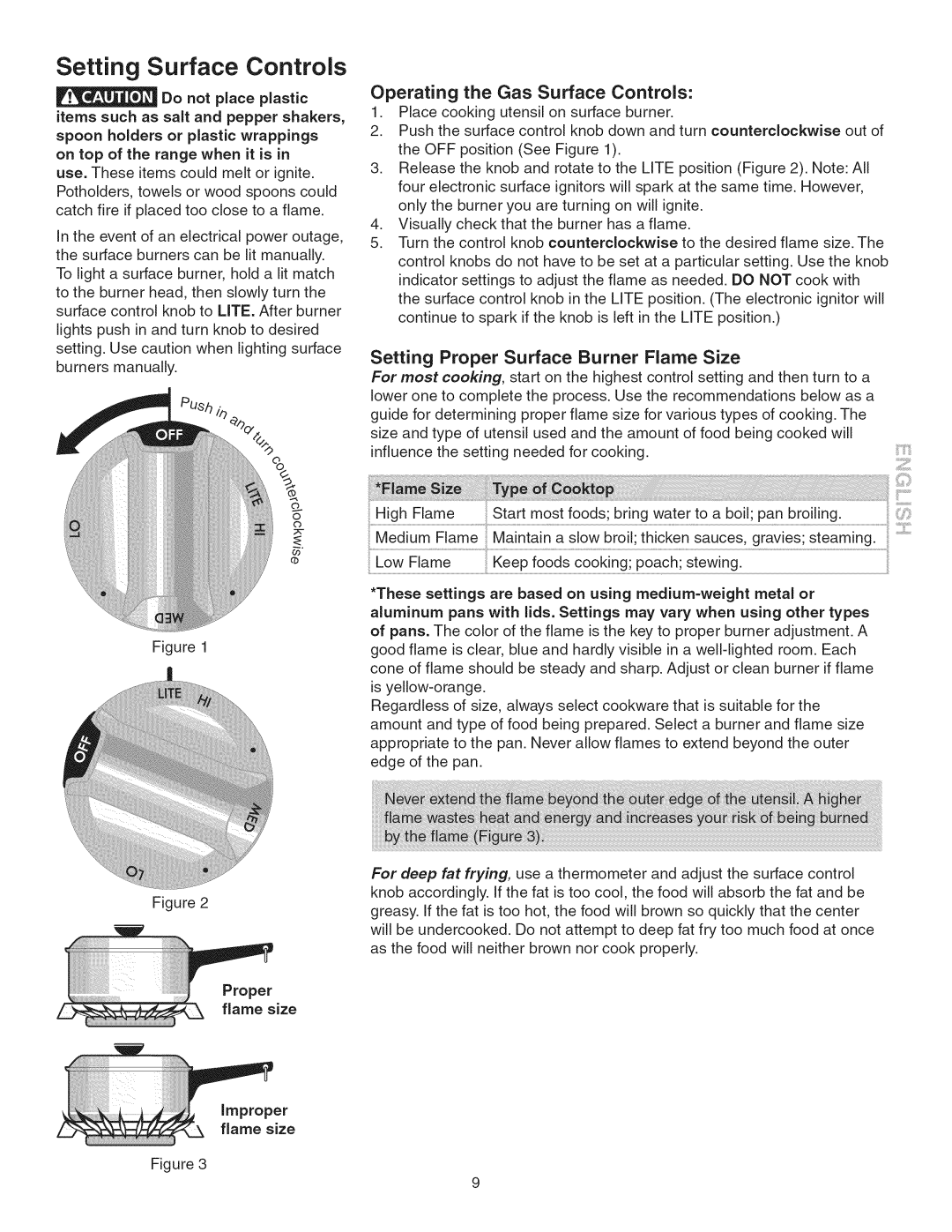 Kenmore 790.3693 Setting Surface Controls, Operating the Gas Surface Controls, Setting Proper Surface Burner Flame Size 