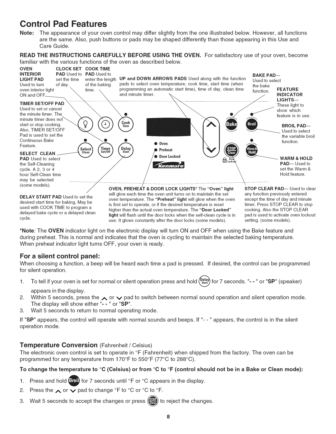 Kenmore 790.4019 manual Control Pad Features, For a silent control panel 