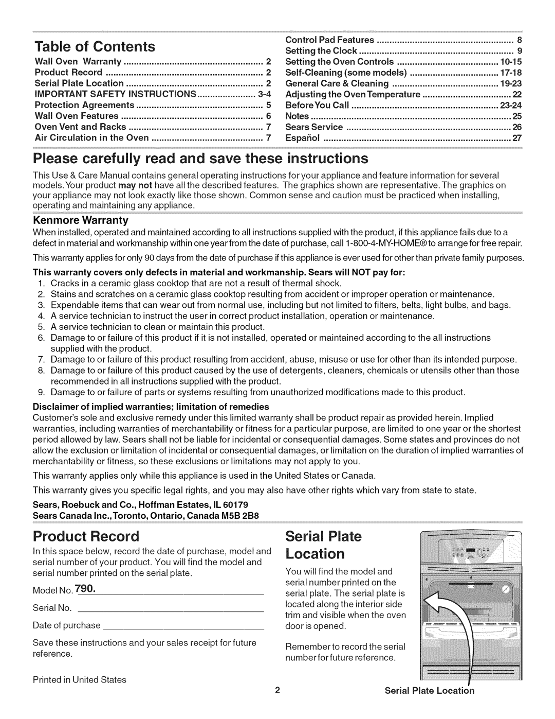 Kenmore 790.4019 manual Table of Contents, Please carefully read and save these instructions, Product Record, Serial Plate 