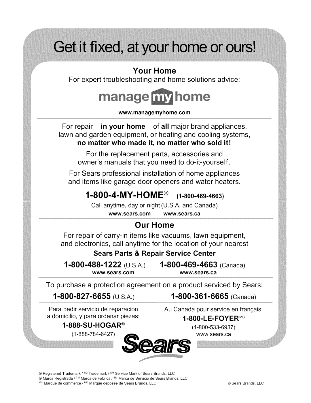 Kenmore 790.4019 manual Your Home, Our Home, 1-800-488-1222 U.S.A. 1-800-469-4663 Canada, 1-800-827-6655 U.S.A, My-Home 