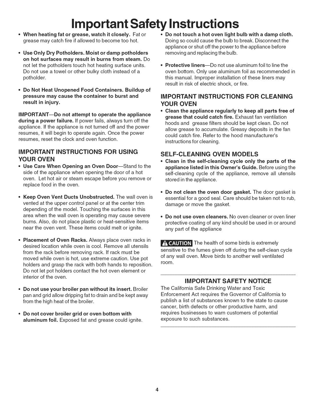 Kenmore 790.4019 important Safety instructions, Important Instructions For Cleaning, Your Oven, Self-Cleaningoven Models 