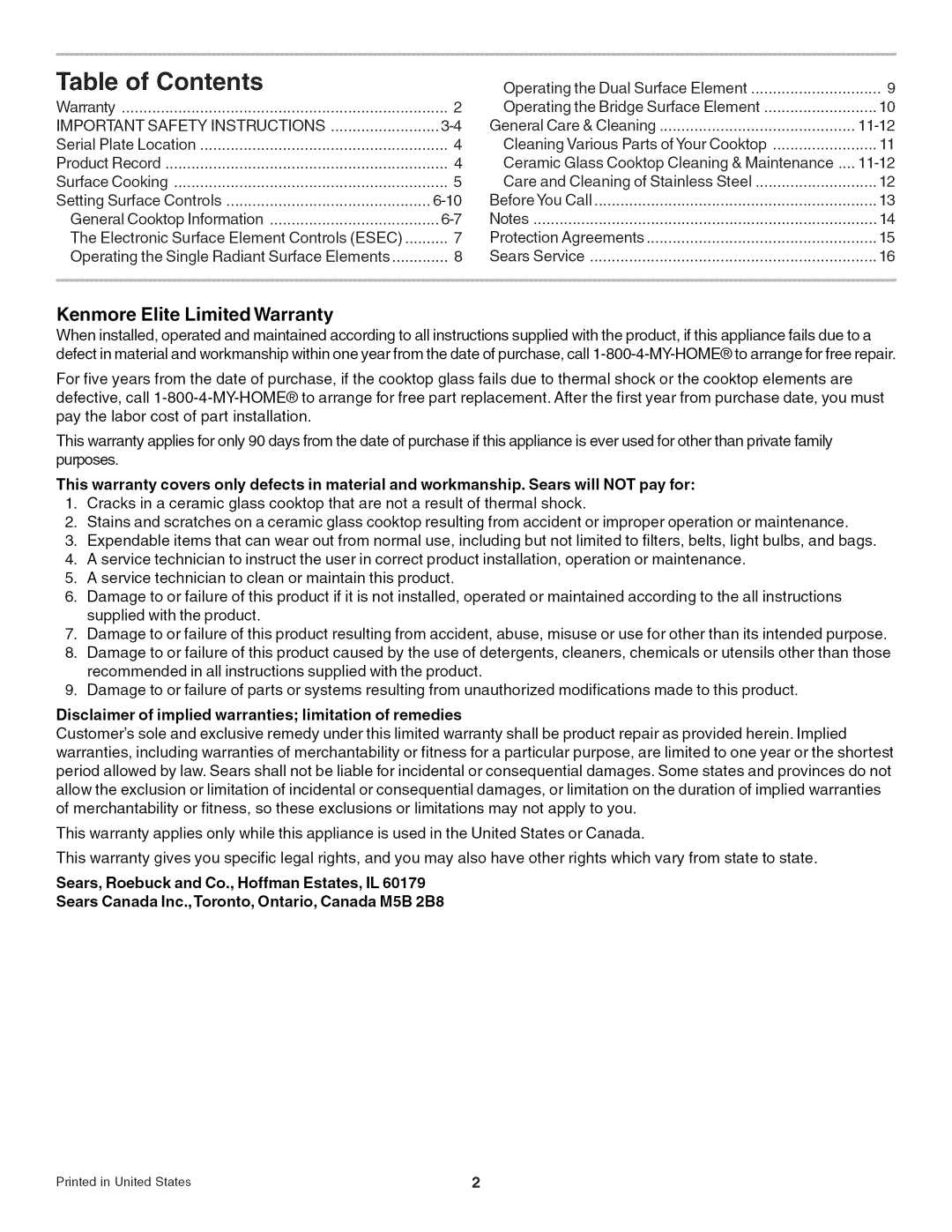 Kenmore 790.4056, 790.4055 manual Contents 