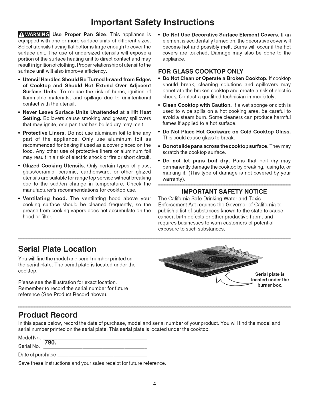 Kenmore 790.4056, 790.4055 manual Serial Plate Location, Product Record, For Glass Cooktop only, Important Safety Notice 