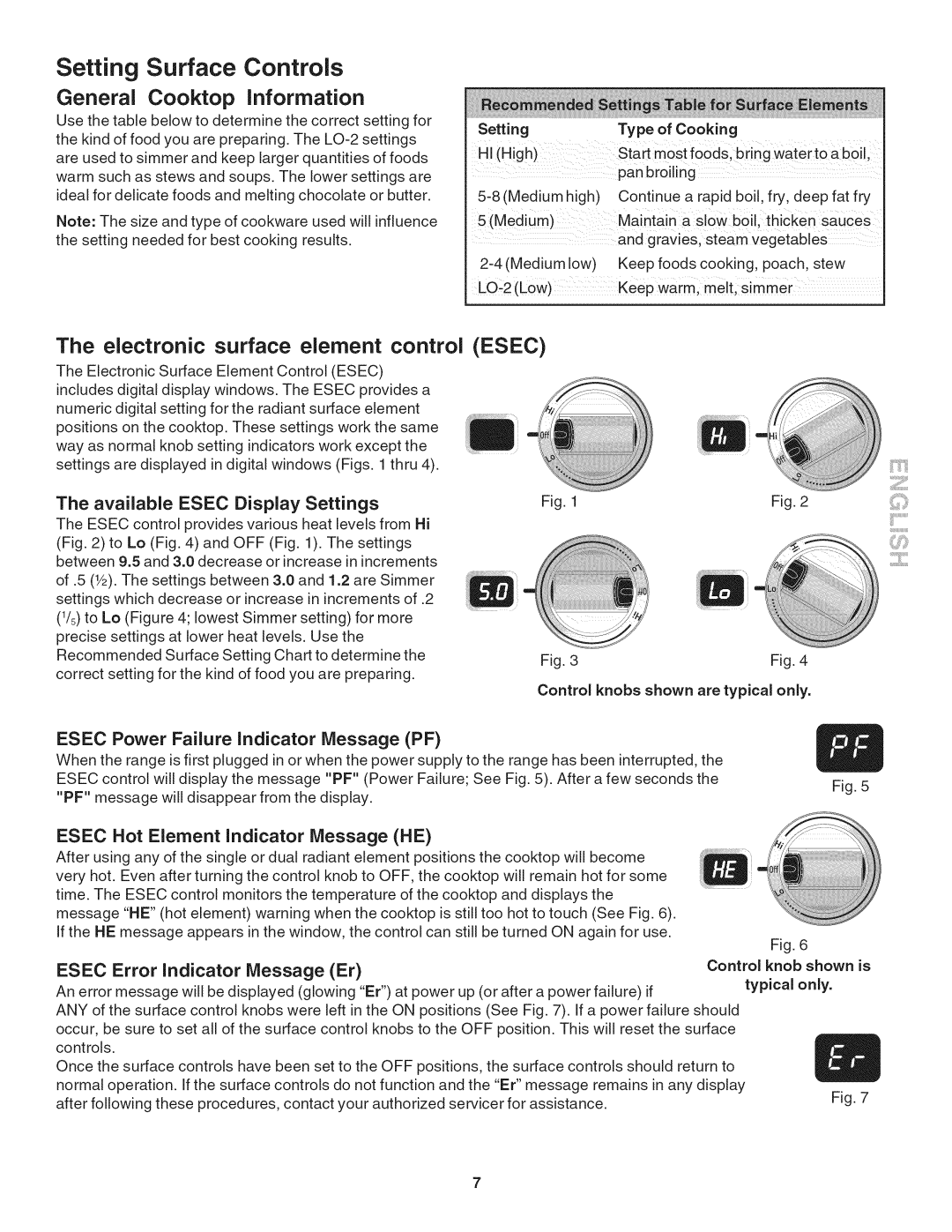 Kenmore 790.4055 manual Electronic surface element control Esec, Available Esec Display Settings, Setting Type of Cooking 