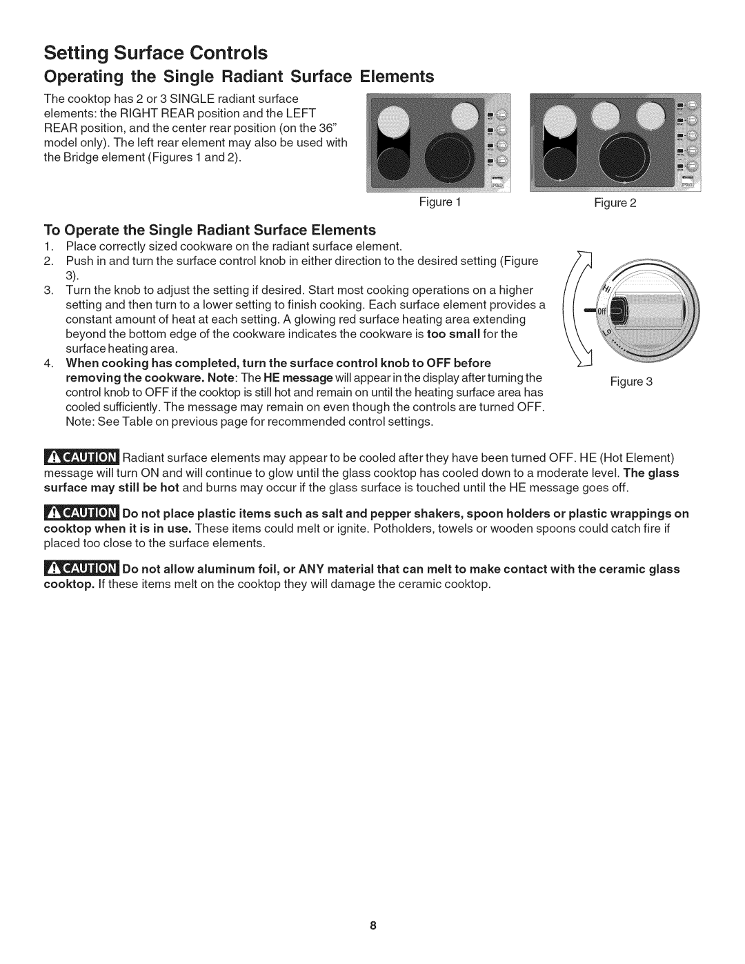 Kenmore 790.4056, 790.4055 Operating the Single Radiant Surface Elements, To Operate the Single Radiant Surface Elements 