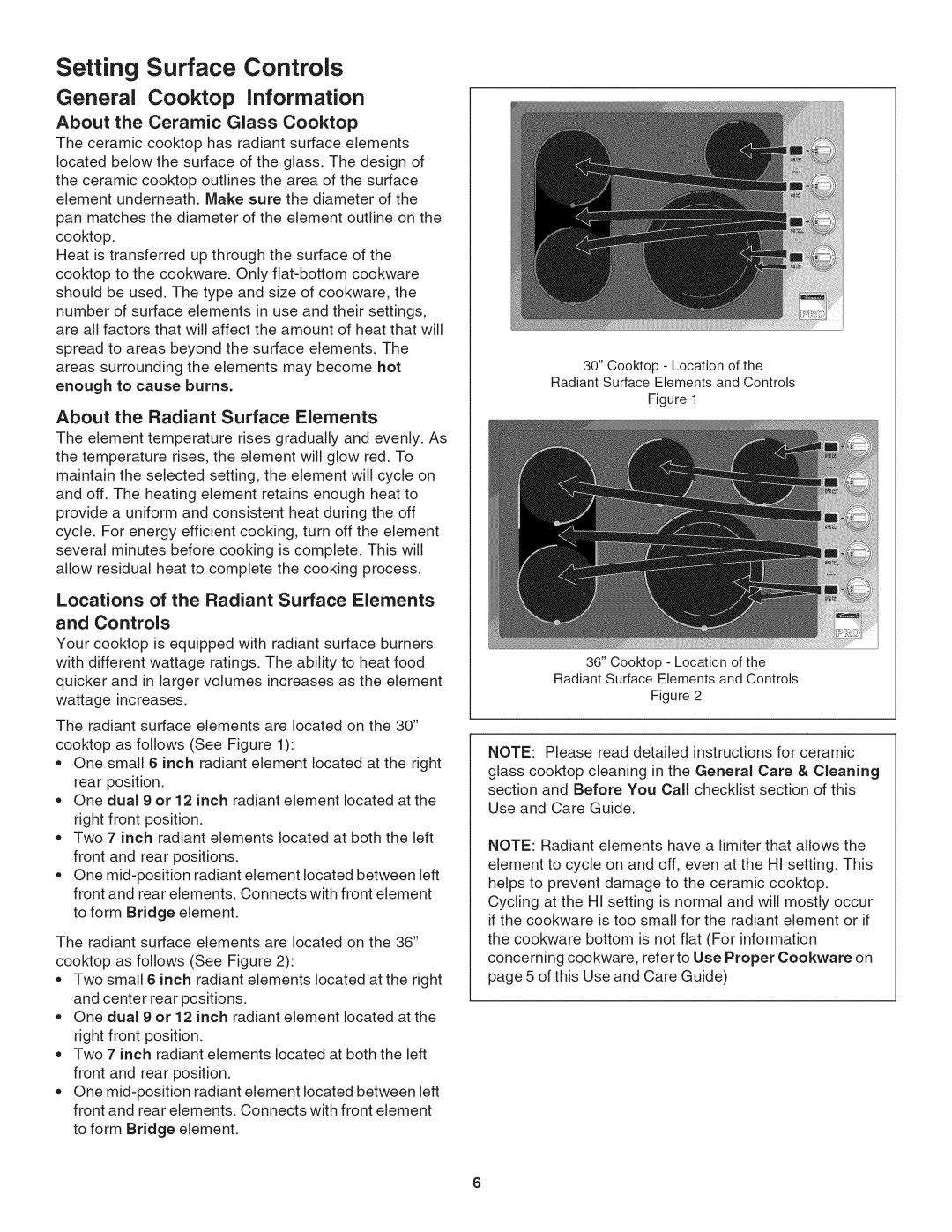 Kenmore 790.4056 Setting Surface Controls, General Cooktop information, About the Ceramic Glass Cooktop, and Controls 
