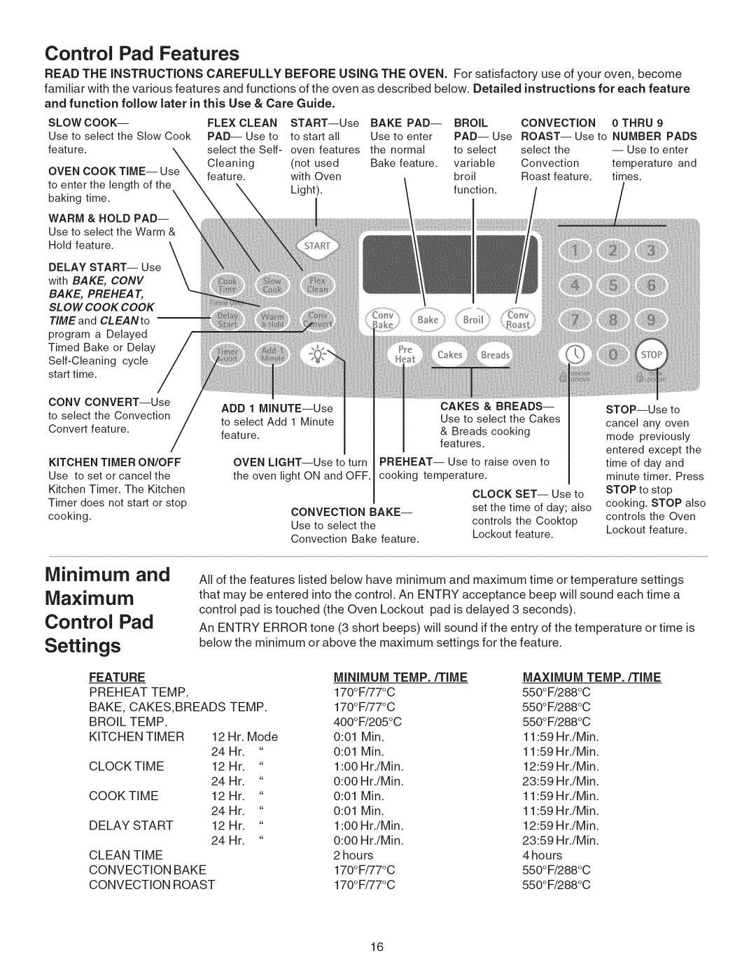 Kenmore 790.4101 manual Control Pad Features, Minimum Maximum, Control Pad Settings 