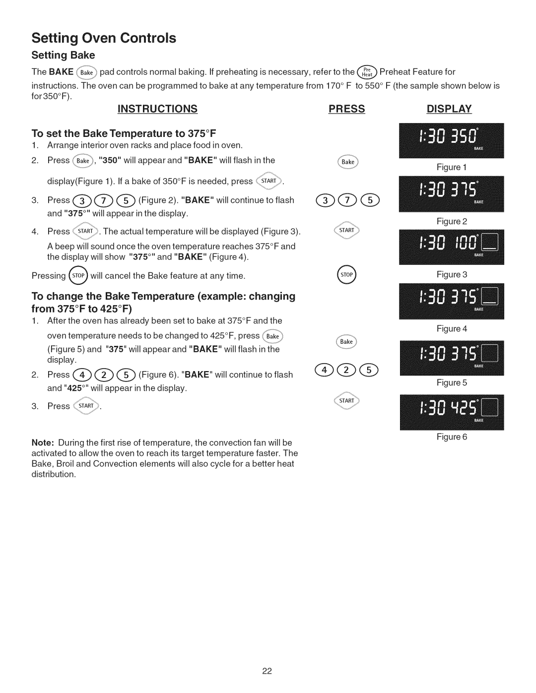 Kenmore 790.4101 manual Setting Bake, Instructions PR ESS Display, To set the Bake Temperature to 375F 