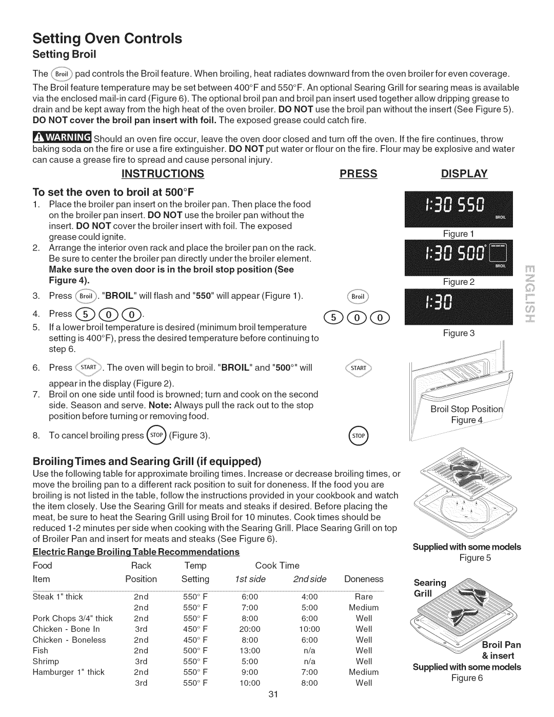 Kenmore 790.4101 manual Setting Broil, To set the oven to broil at 500F, BroilingTimes and Searing Grill if equipped 