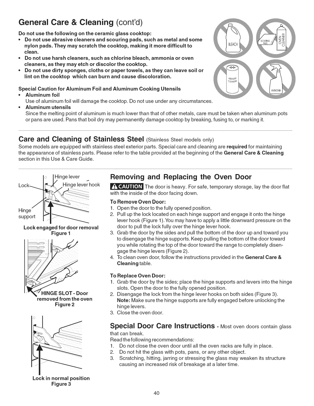 Kenmore 790.4101 manual Removing and Replacing the Oven Door, Aluminum foil, Aluminum utensils, Lock in normal position 