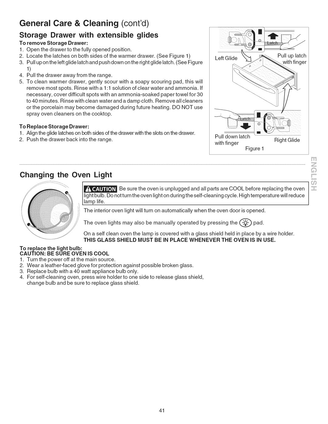 Kenmore 790.4101 manual General Care & Cleaning contd, Changing the Oven Light, To remove Storage Drawer 