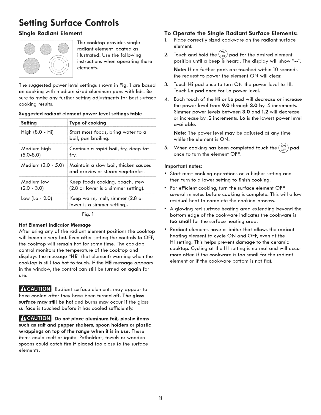 Kenmore 790.4107 manual Setting Surface Controls, Single Radiant Element, To Operate the Single Radiant Surface Elements 