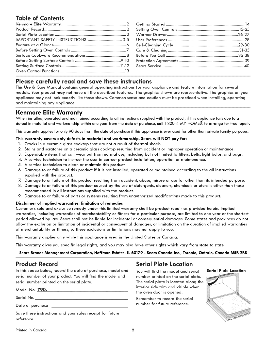 Kenmore 790.4107 manual Contents 