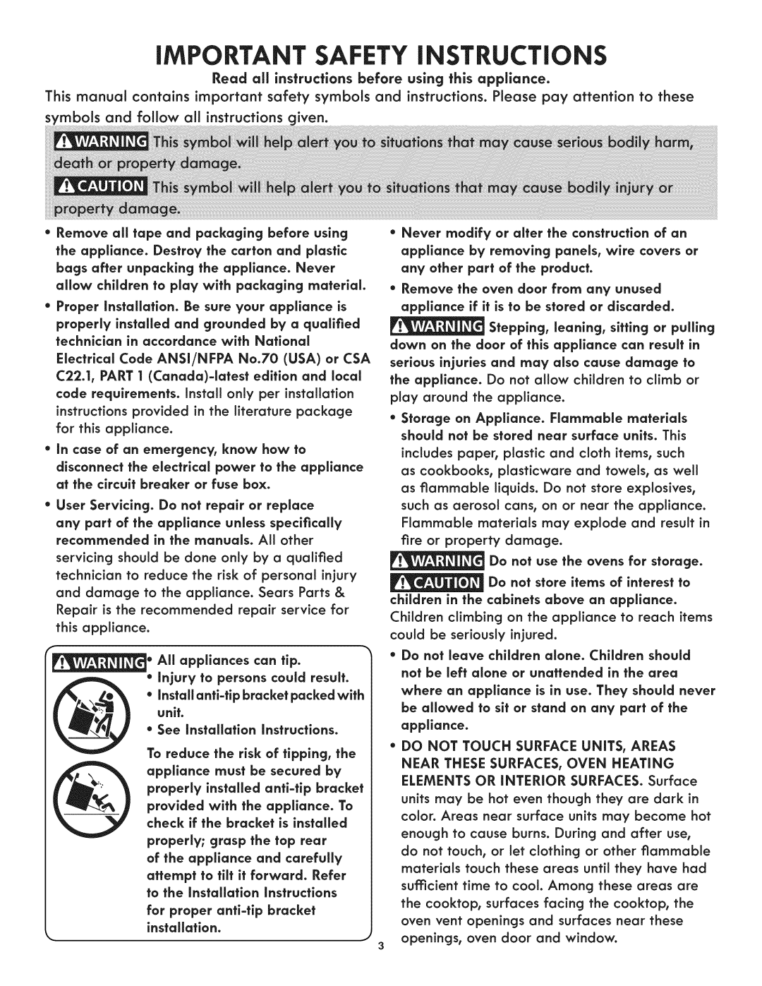 Kenmore 790.4107 manual Read all instructions before using this appliance, Electrical Code ANSI/NFPA No.70 USA or CSA 