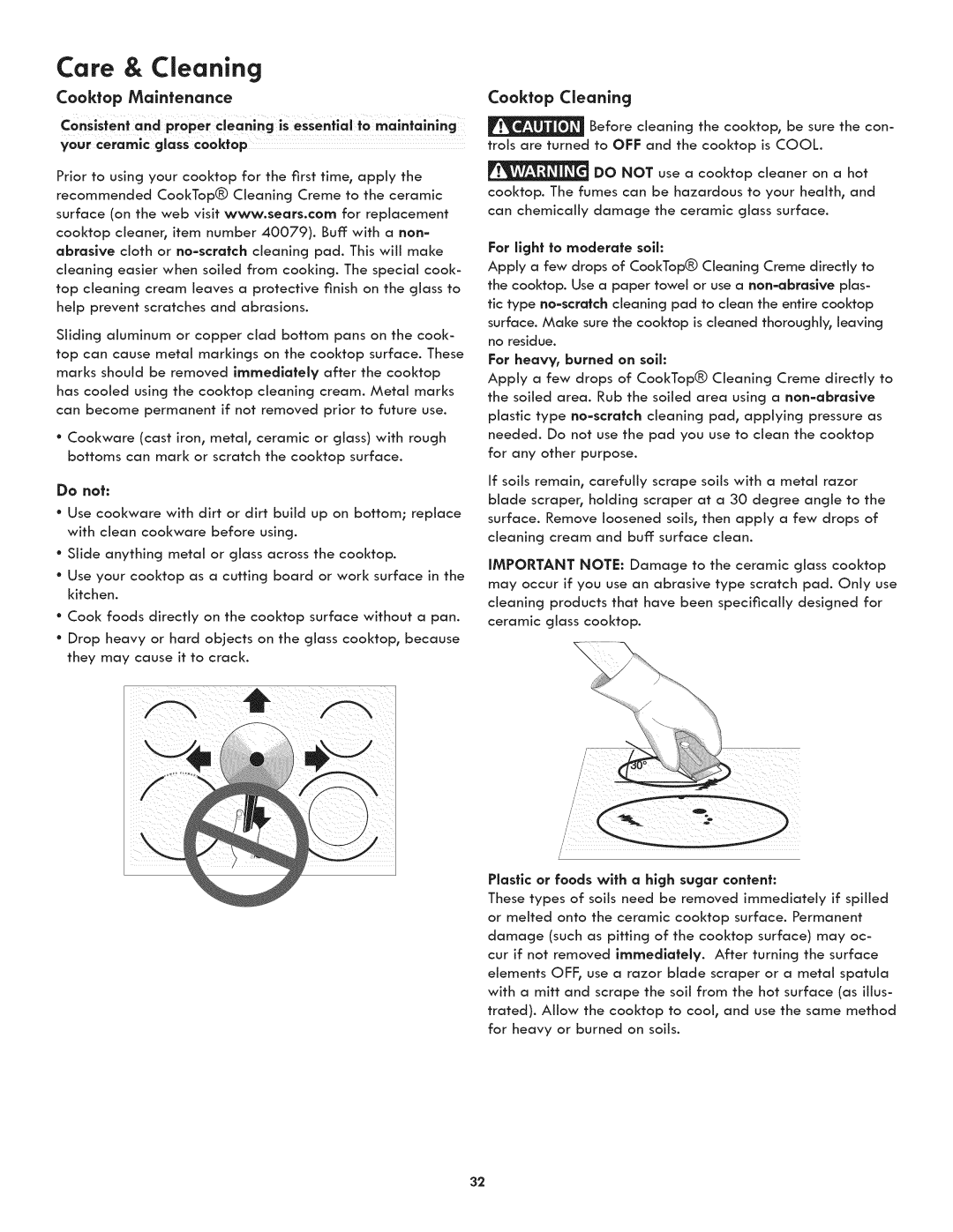 Kenmore 790.4107 manual Cooktop Maintenance, Cooktop Cleaning, Do not, For light to moderate soil 