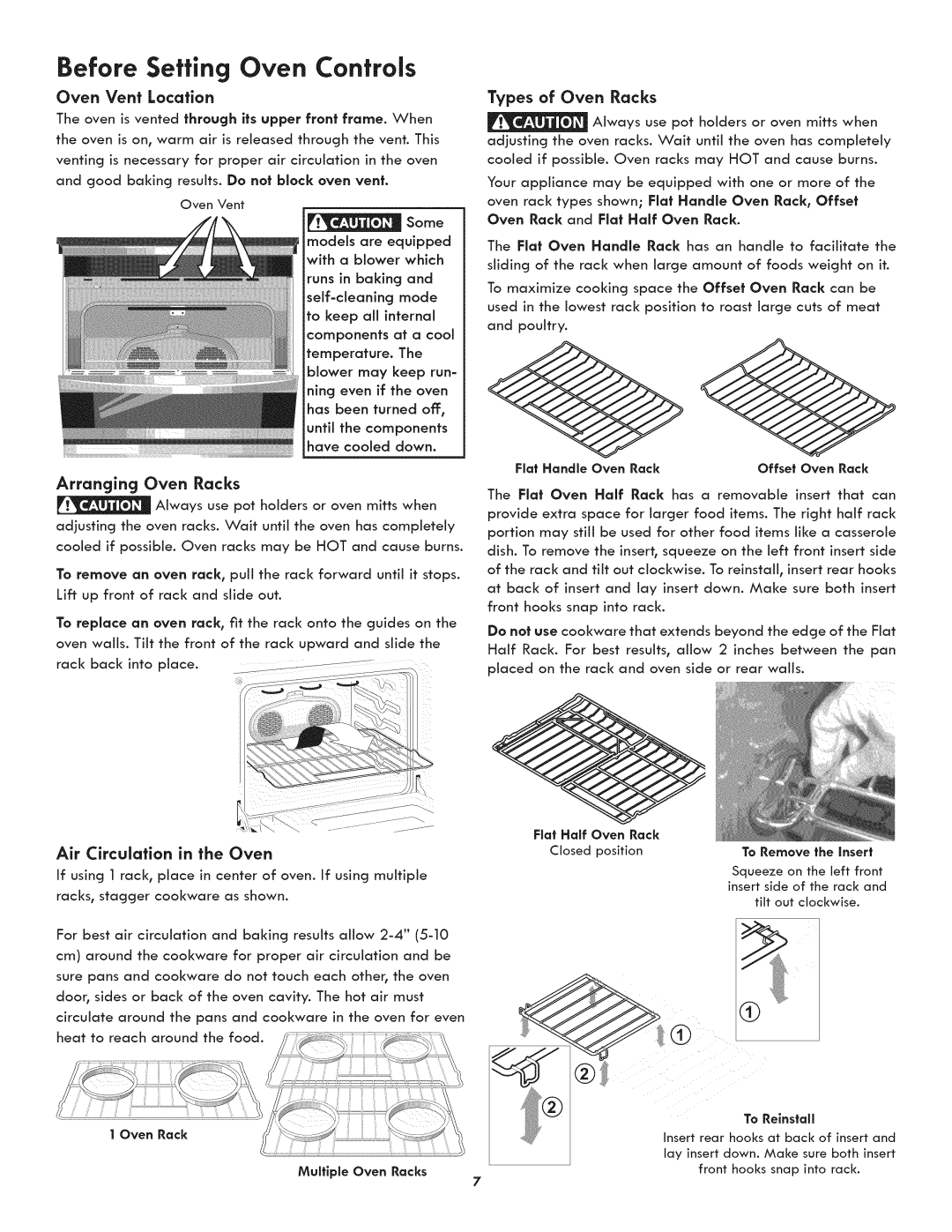 Kenmore 790.4107 manual Before Setting Oven Controls, Oven Vent Location, Types of Oven Racks, Air Circulation in the Oven 