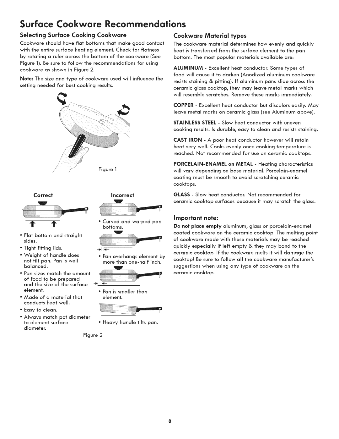 Kenmore 790.4107 manual Surface Cookware Recommendations, Selecting Surface Cooking Cookware, Cookware Material types 