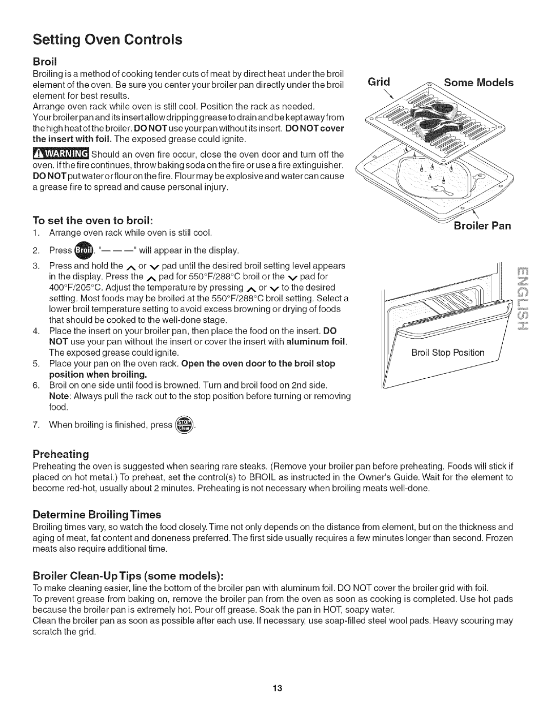 Kenmore 318205128 Grid Some Models, Broiler Pan, Broiler Clean-Up Tips some models, Preheating, Determine Broiling Times 