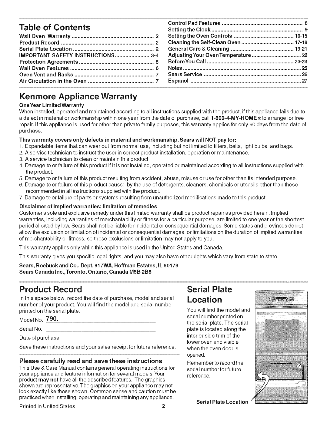 Kenmore 790.4139 manual Contents, Kenmore Appliance Warranty, Product, Record, Serial, Plate, Location, carefully, Please 