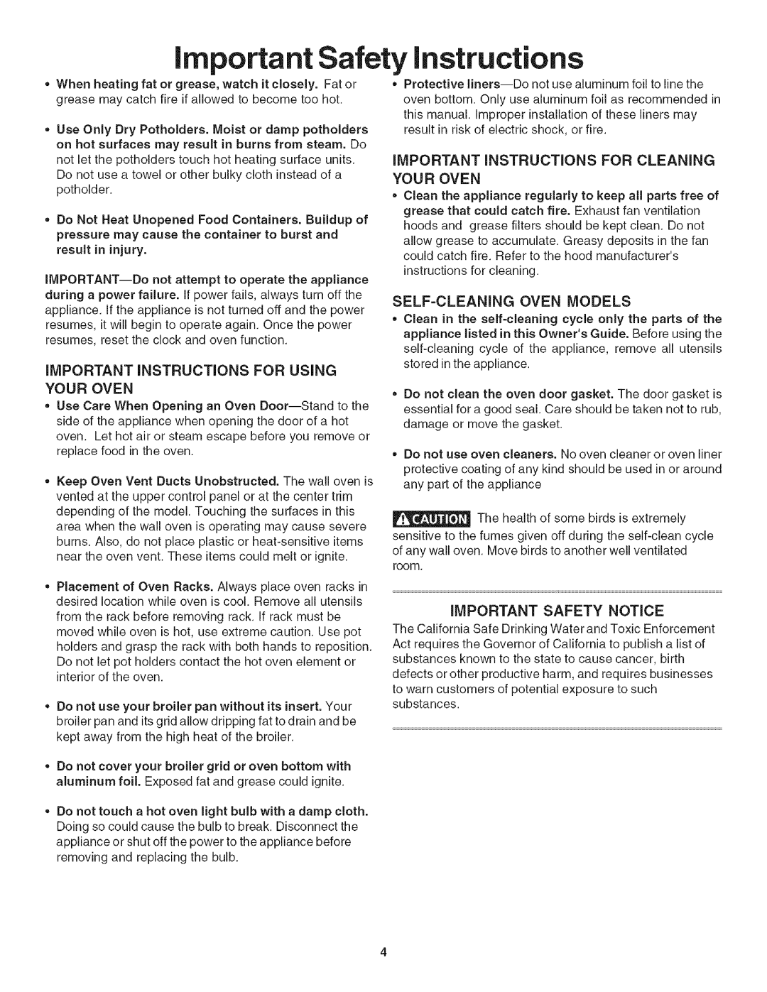 Kenmore 790.4139 important Safety instructions, Important Instructions For Using, Your Oven, Self=Cleaning Oven Models 