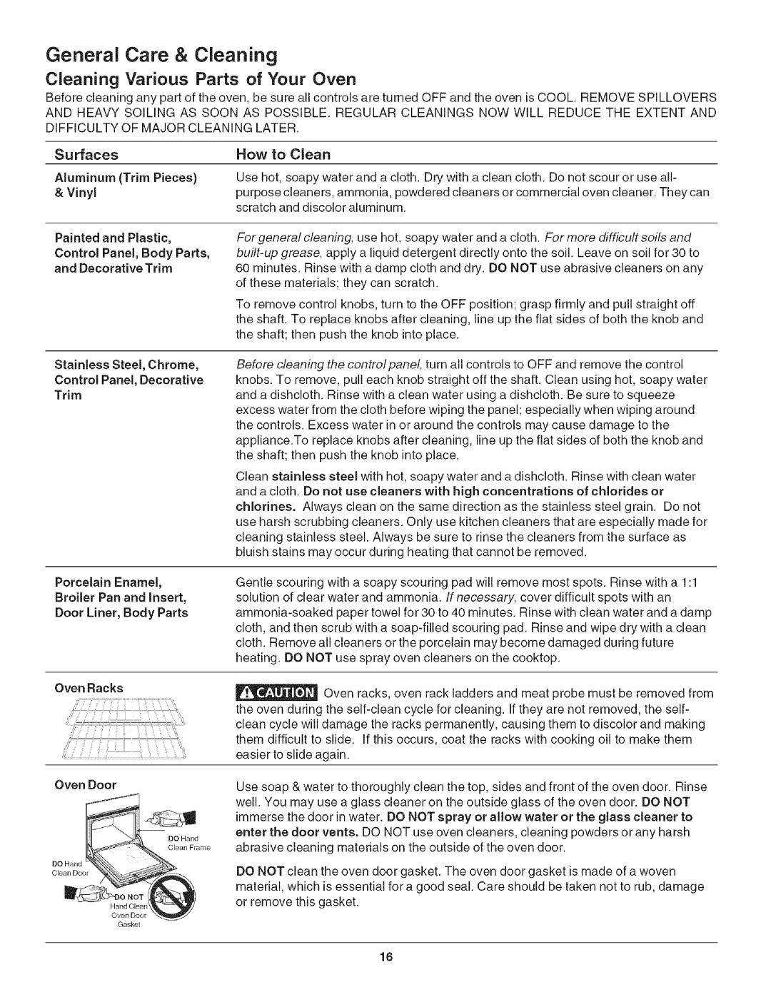 Kenmore 790.42003 manual General Care & Cleaning, Cleaning Various Parts of Your Oven 