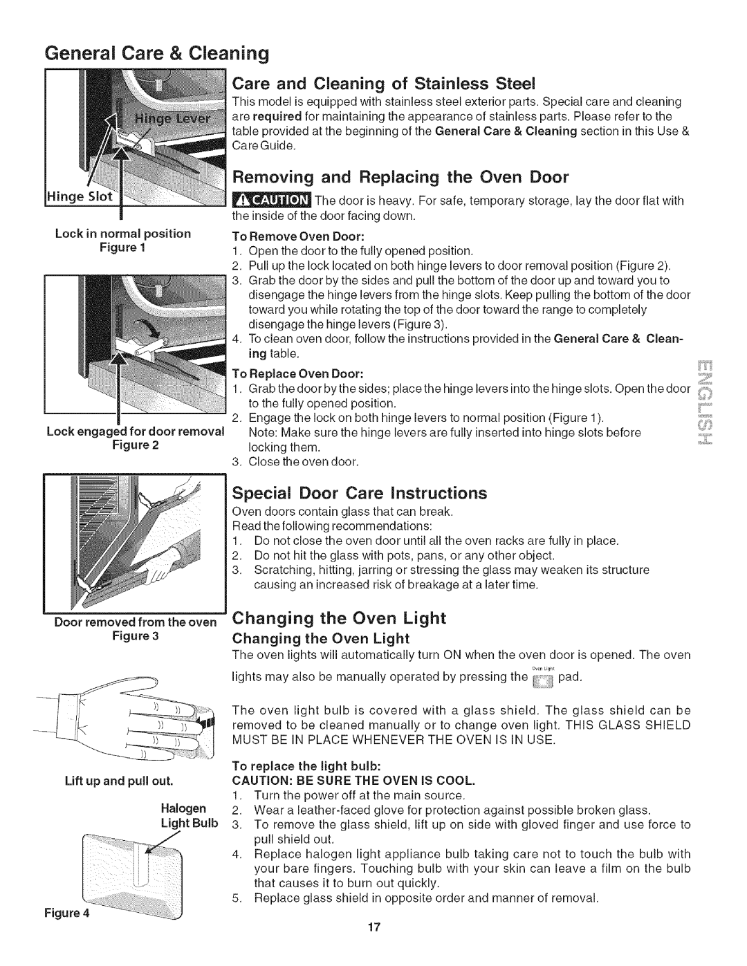 Kenmore 790.42003 Care and Cleaning of Stainless Steel, Removing and Replacing the Oven Door, Changing the Oven Light 