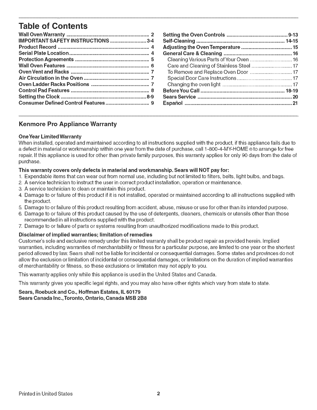 Kenmore 790.42003 manual Table of Contents 