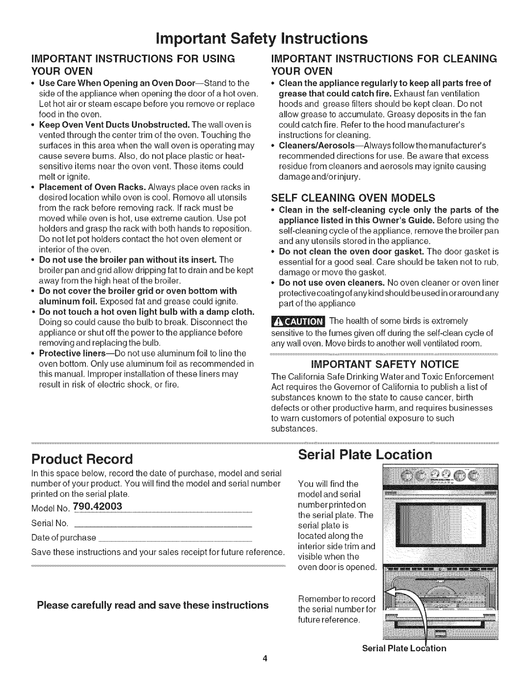 Kenmore 790.42003 manual Product Record, Serial Plate Location, Serialtion 