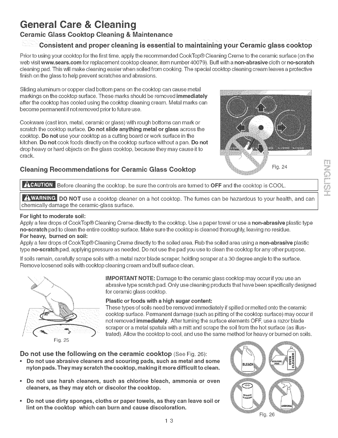 Kenmore 790.428 manual General Care & Cleaning, Ceaning Recommendations for Ceramic Gass Cooktop 