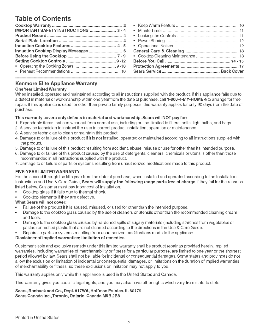 Kenmore 790.428 manual Contents 