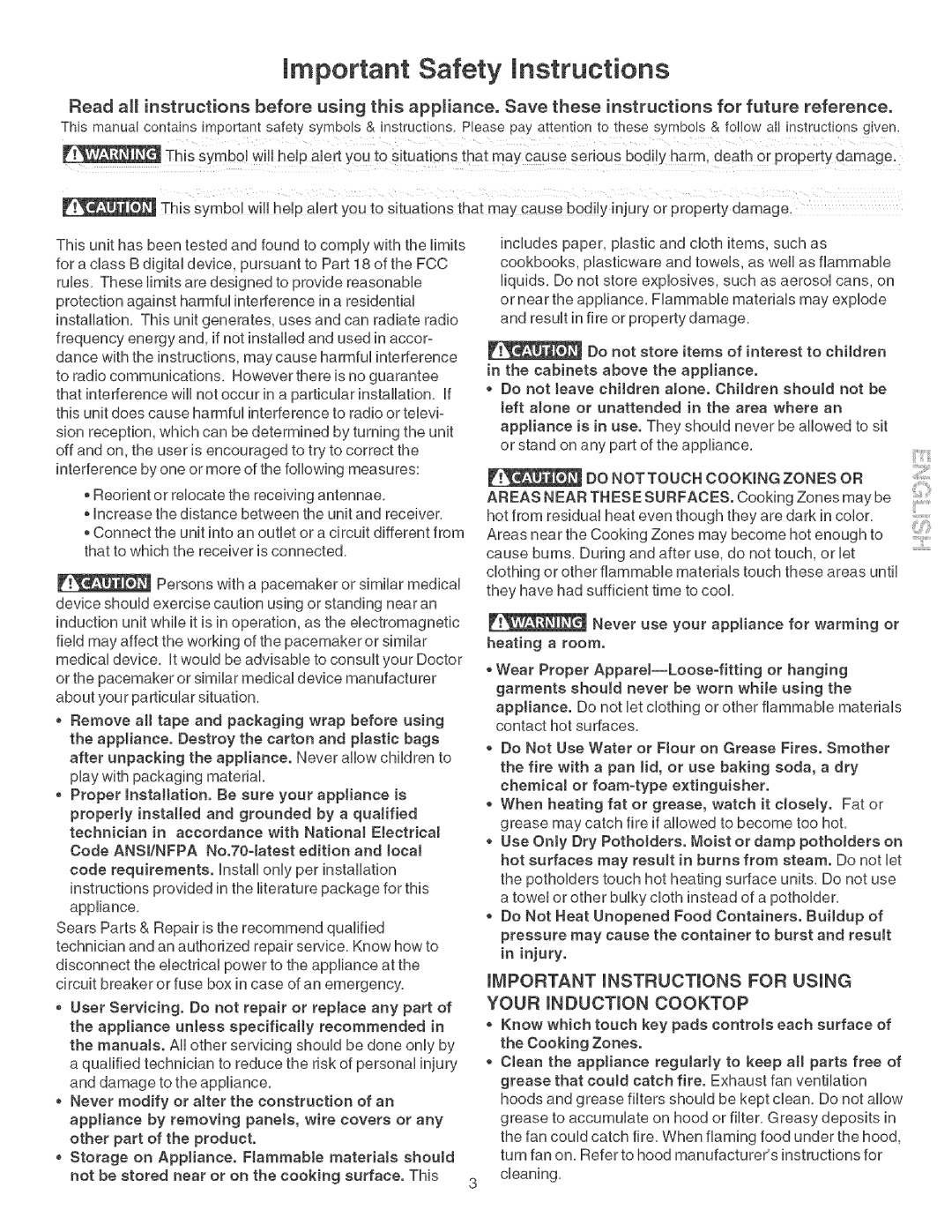 Kenmore 790.428 manual Important Safety instructions, MMPORTANT mNSTRUOTmONS for Using Your mNDUOTmON Cooktop 