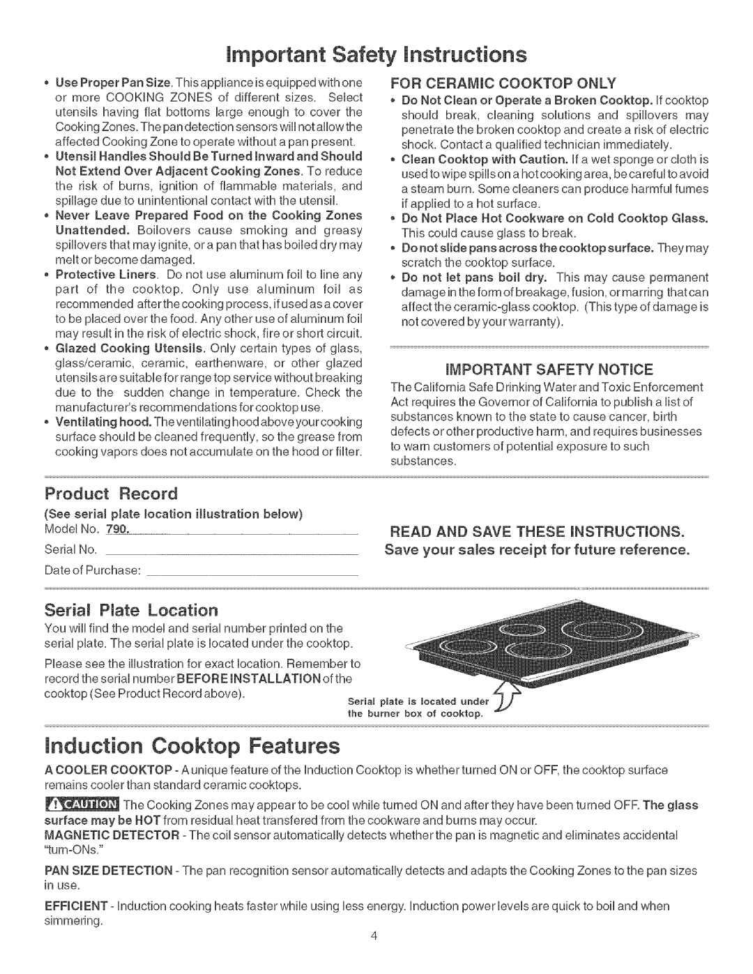 Kenmore 790.428 manual Important Safety instructions, Induction Cooktop Features 