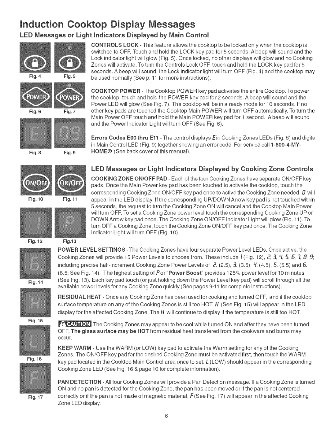 Kenmore 790.428 manual Cooktop Display Messages, LED Messages or Light Indicators Displayed by Main Contro, Up/Down 