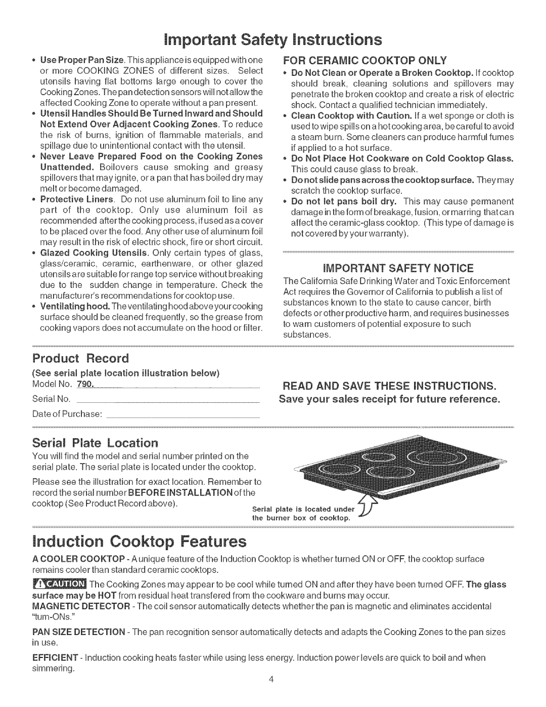Kenmore 790.428 manual important Safety instructions, induction Cooktop Features, For Ceramic Cooktop Only 