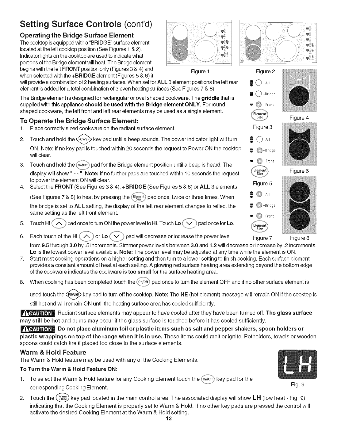 Kenmore 790.4282 manual Operating the Bridge Surface Element, To Operate the Bridge Surface Element, Warm & Hold Feature 