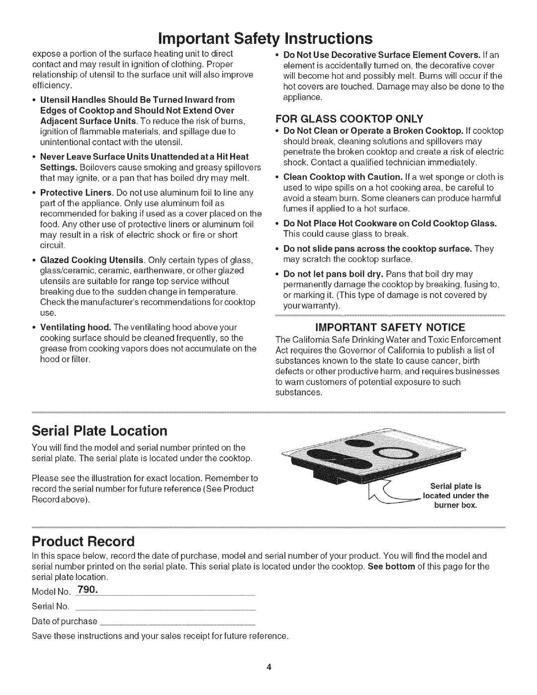 Kenmore 790.4282, 790.4281 manual Serial Plate Location, Product Record 
