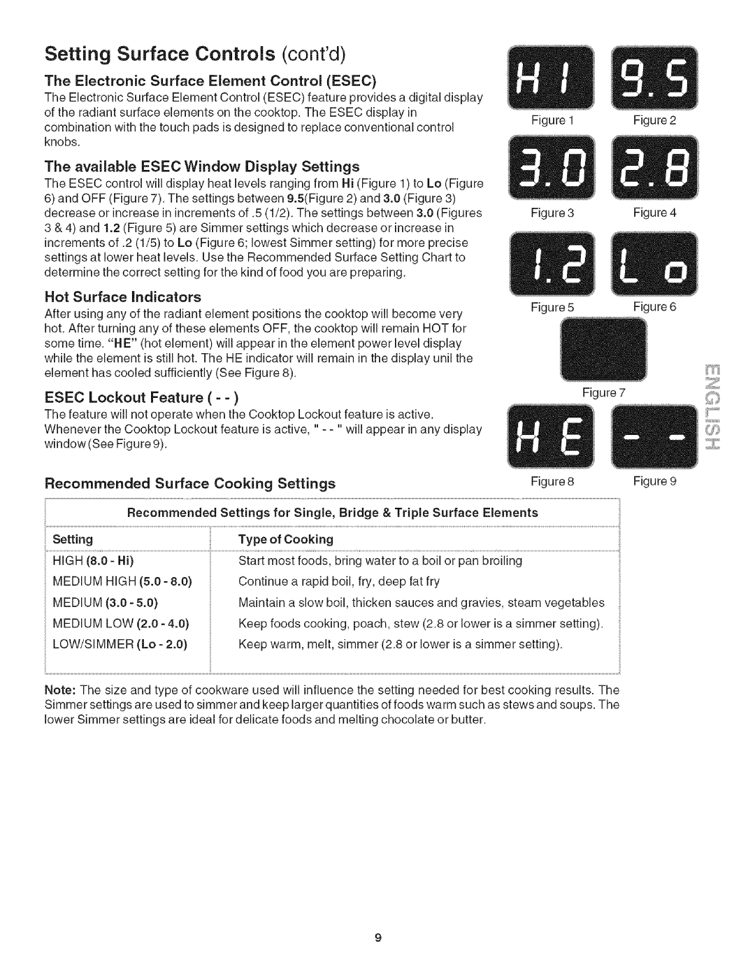 Kenmore 790.4281, 790.4282 manual Contd, Available Esec Window Display Settings, Recommended 