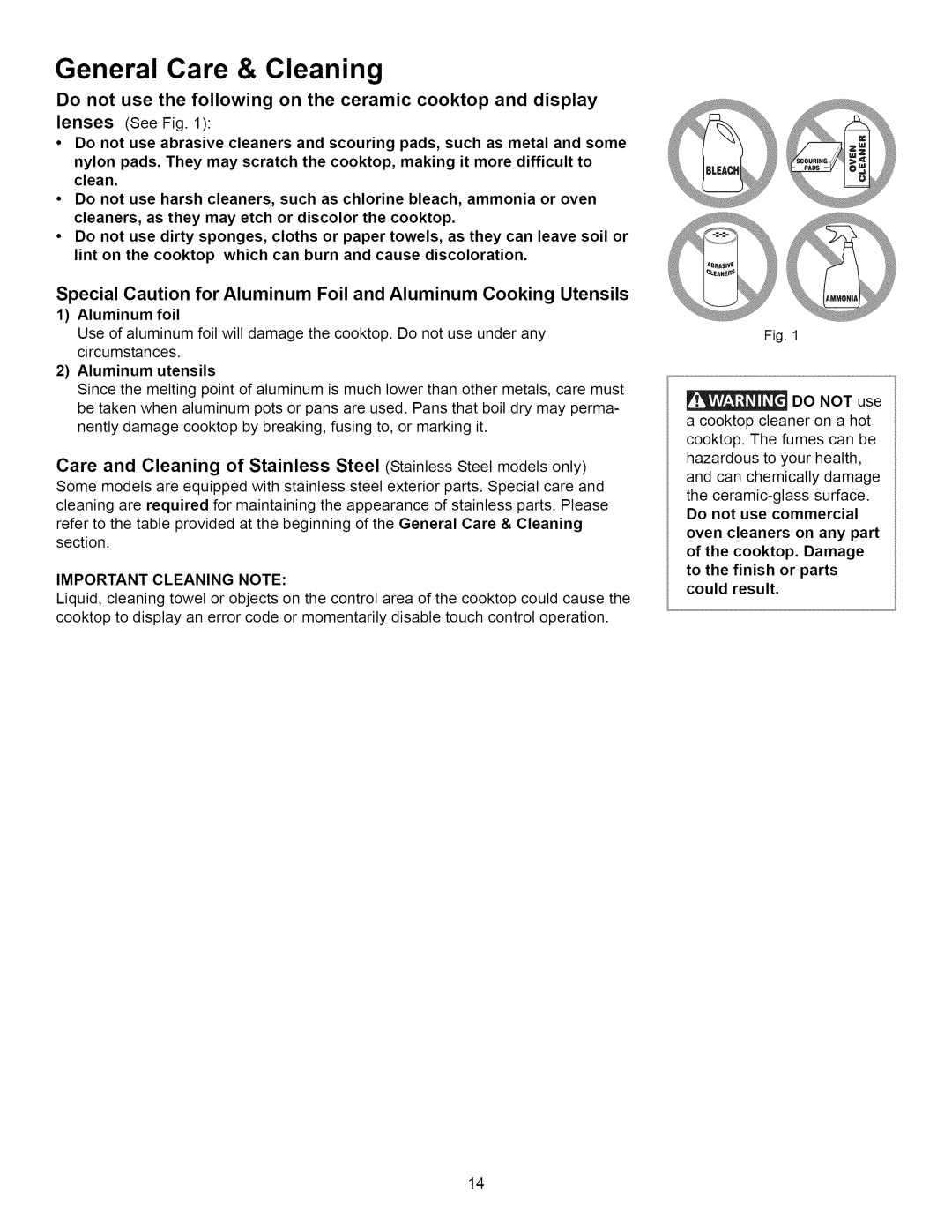 Kenmore 790.4292 manual Do not use the following on the ceramic cooktop and display, Aluminum foil, Important Cleaning Note 