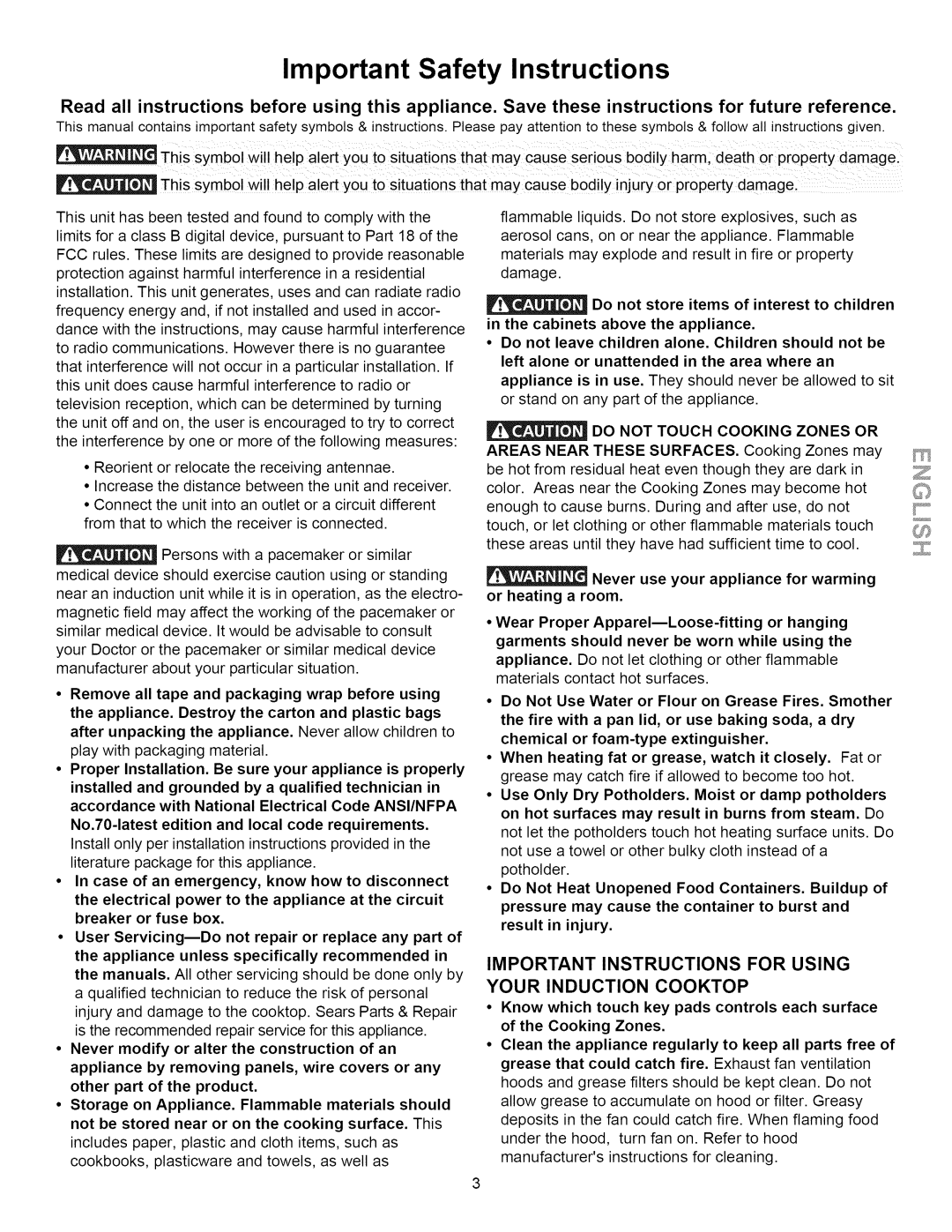 Kenmore 790.4283, 790.4292 manual Important Safety Instructions, Important Instructions for Using Your Induction Cooktop 