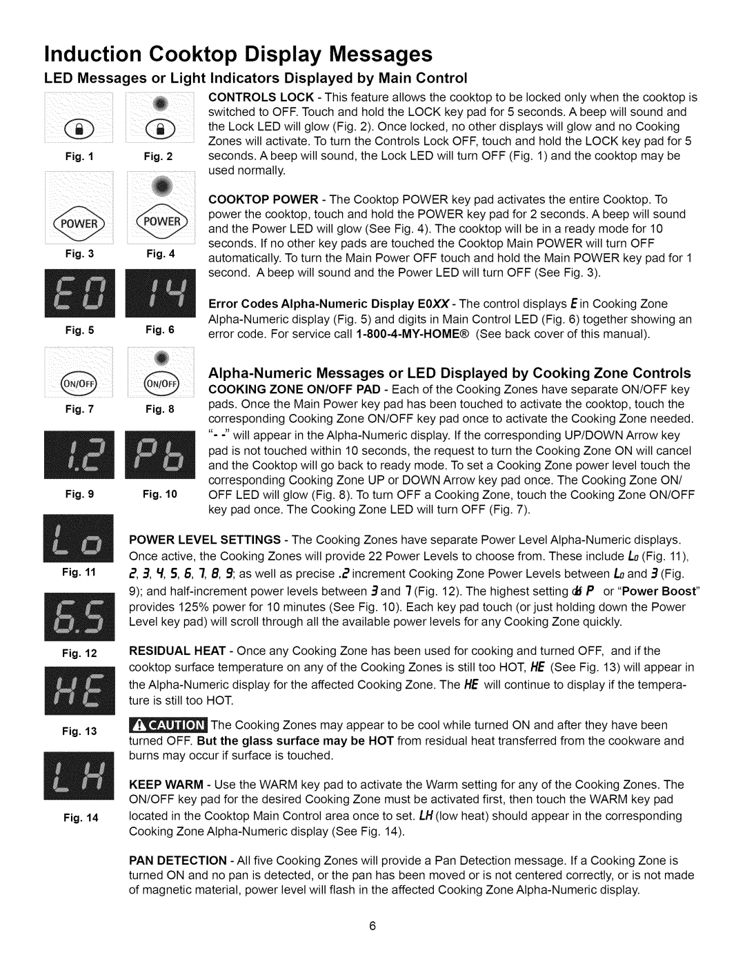 Kenmore 790.4292, 790.4283 Induction Cooktop Display Messages, LED Messages or Light Indicators Displayed by Main Control 