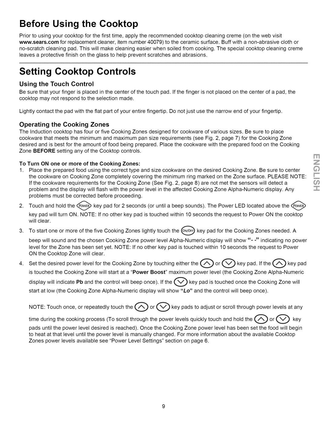 Kenmore 790.4283 Before Using the Cooktop Setting Cooktop Controls, Using the Touch Control, Operating the Cooking Zones 