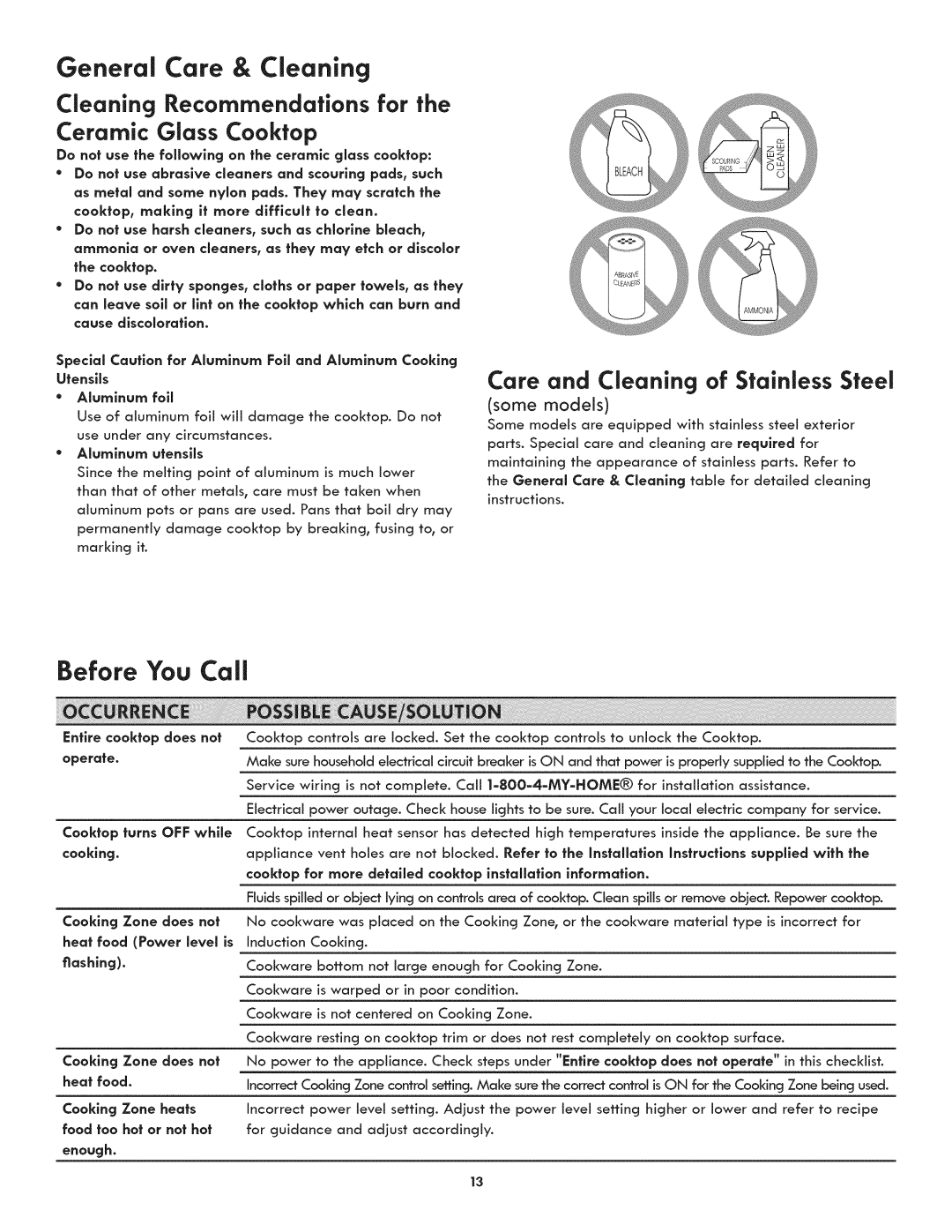 Kenmore 790.4380* manual General Care & Cleaning, Before You Call, Care and Cleaning of Stainless Steel 